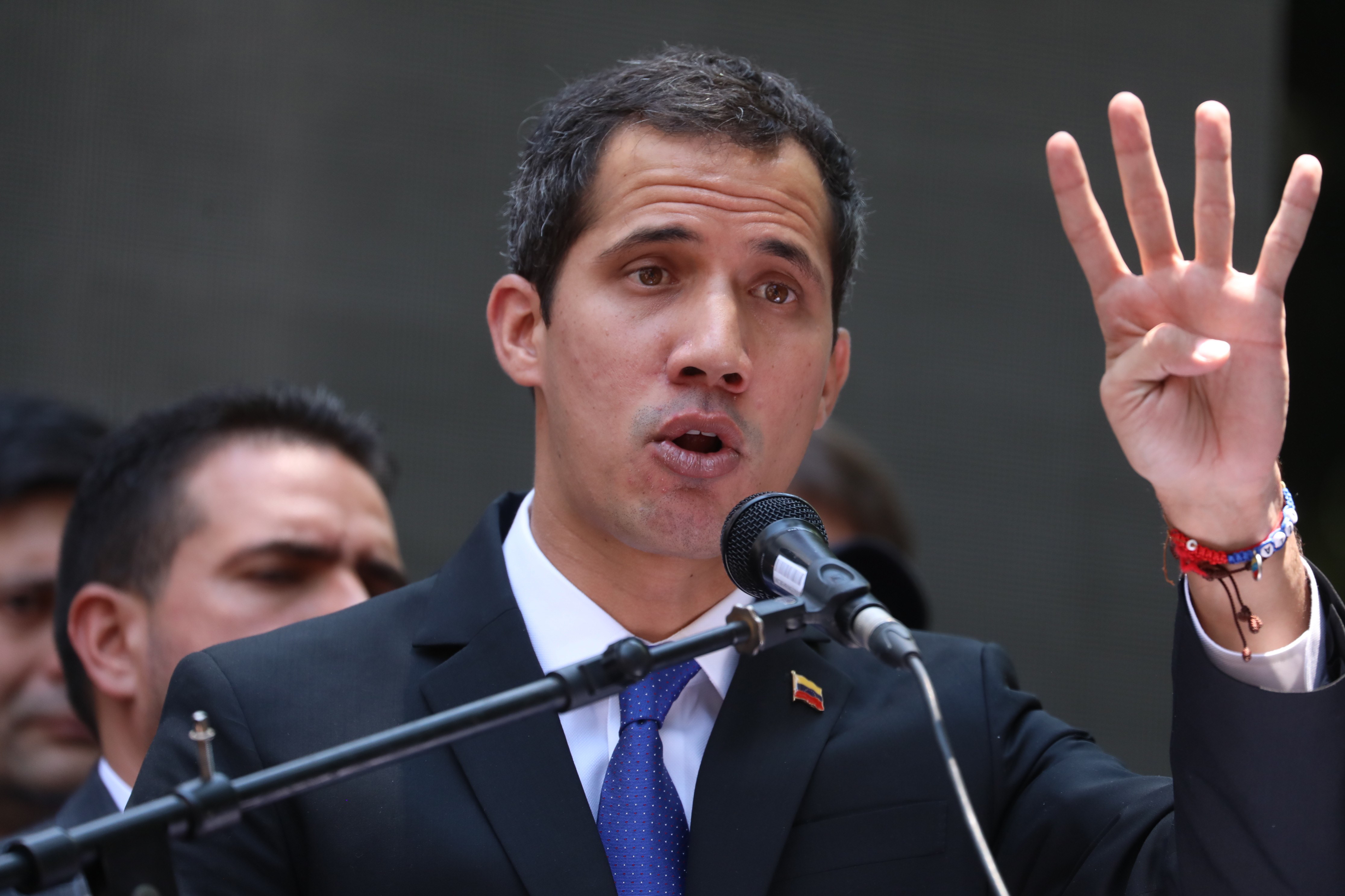 epa07467425 Venezuelan National Assembly President Juan Guaido speaks at the headquarters of the Venezuelan political party 'Accion Democratica' in Caracas, Venezuela, 27 March 2019, where he called new protests the upcoming Saturday to reject the power outage and against Venezuelan President Nicolas Maduro.  EPA/Rayner Pena