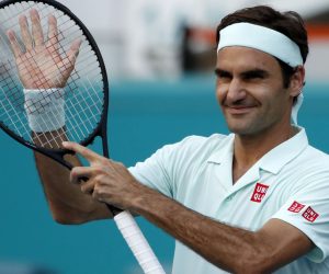 epa07467630 Roger Federer of Switzerland reacts after defeating Daniil Medvedev of Russia during their men's singles match at the Miami Open tennis tournament in Miami, Florida, USA, 27 March 2019.  EPA/JASON SZENES