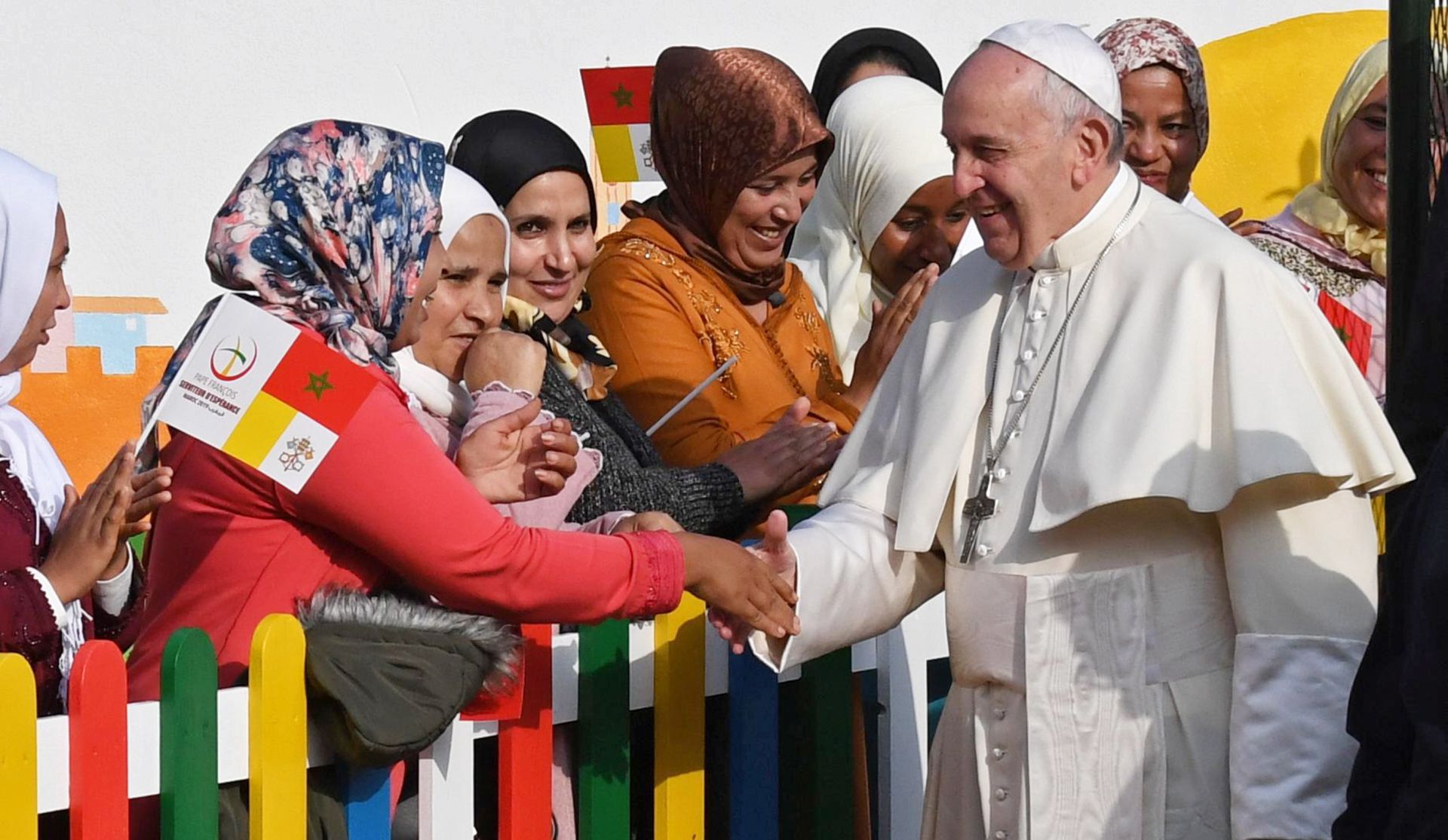 epa07475572 Pope Francis (R) visits the social welfare center run by the Daughters of Charity in Temara, outskirts of Rabat, Morocco, 31 March 2019. Pope Francis is on the apostolic journey to Morocco to highlight the North African nation's tradition of Christian-Muslim ties.  EPA/CIRO FUSCO