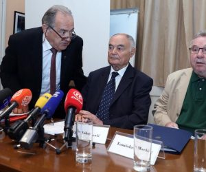 08.05.2018., Zagreb - Udruga Pocasni bleiburski vod na konferenciji za novinare izvijestila je o odrzavanju Sredisnje komemoracije na Bleiburskom polju u Austriji te su predstavili vjerski i drzavnicki protokol. Vladimir Seks, Vice Vukojevic, Ante Kutlesa . Photo: Patrik Macek/PIXSELL