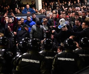 16.03.2019.,Beograd, Srbija - U Beogradu se odrzava 15. po redu prosvjed "Jedan od pet milijuna". Protestanti su blokirali ulaz u zgradu RTS, a jedan broj prosvjednika usao je u zgradu. Policija i Zandarmerija izbacila je ucesnike protesta iz zgrade RTS, u koju su, predvodjeni liderom Dveri Boskom Obradovicem usli. Photo: Srdjan Ilic/PIXSELL