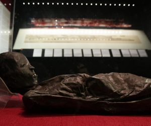 26.09.2014., Arheoloski muzej, Zagreb - Zagrebacka lanena knjiga. Knjiga je napravljena od lana kojim je bila omotana mumija. Lanena knjiga datira iz vremena 300 godina prije Krista. Photo: Zeljko Lukunic/PIXSELL