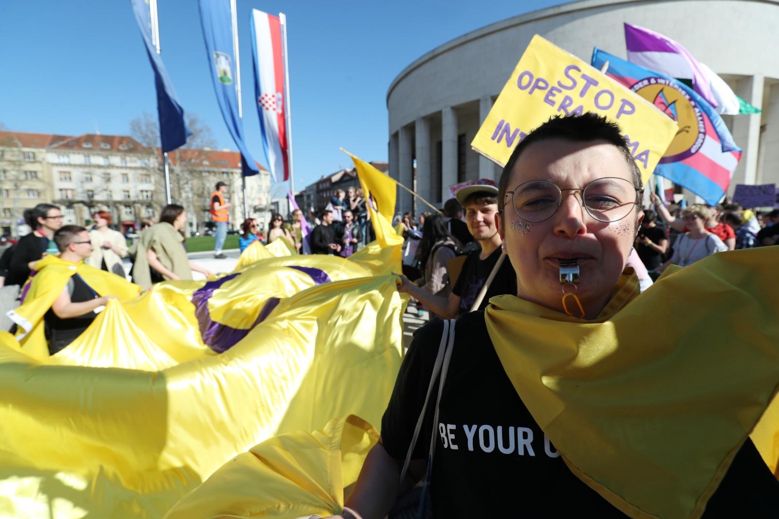 Zagreb: Prvi Balkanski Trans Inter Marš 30.03.2019., Zagreb - Udruge Trans Mreza Balkan, Trans Aid i Spektra organizirali su prvi Balkanski Trans Inter Mars pod sloganom "Moje tijelo - moj hram! Moj identitet - moja stvar". Sudionici su se okupili na Trgu zrtava fasizma odakle su krenuli Trgom hrvatskih velikana, Jurisicevom, do Trga bana Jelacica, Praskom do Zrinjevca. Photo: Sanjin Strukic/PIXSELL