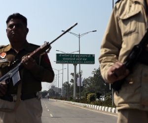 epa07400405 Indian police officers stand guard at barricades outside Sri Guru Ramdas Ji International Airport in wake of border tension between India and Pakistan; in Amritsar, India, 27 February 2019. According to new reports, Srinagar, Jammu, Amritsar and Leh airports were closed for civilian flights after an aircraft crashed at Budgam near Srinagar, the summer capital of Indian Kashmir.  EPA/RAMINDER PAL SINGH