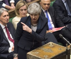 epa07483345 A handout photo made available by the UK Parliament shows British Prime Minister Theresa May (3-L) speaks during a Prime Ministers Questions (PMQs) in the British House of Commons in London, Britain, 03 April 2019. PM Theresa May will meet Corbyn tomorrow to see whether there is common ground to break the Brexit deadlock.  EPA/MARK DUFFY / UK PARLIAMENT / HANDOUT MANDATORY CREDIT: UK PARLIAMENT MARK DUFFY HANDOUT EDITORIAL USE ONLY/NO SALES