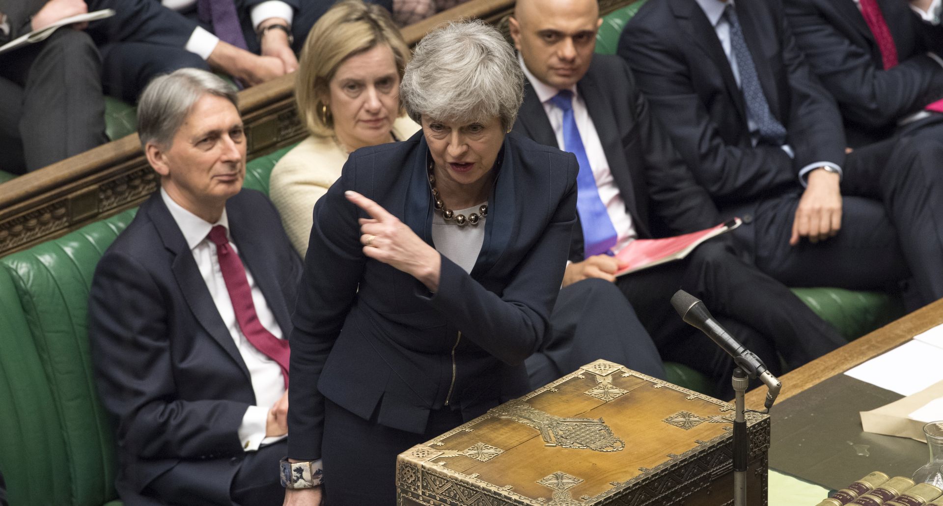 epa07483345 A handout photo made available by the UK Parliament shows British Prime Minister Theresa May (3-L) speaks during a Prime Ministers Questions (PMQs) in the British House of Commons in London, Britain, 03 April 2019. PM Theresa May will meet Corbyn tomorrow to see whether there is common ground to break the Brexit deadlock.  EPA/MARK DUFFY / UK PARLIAMENT / HANDOUT MANDATORY CREDIT: UK PARLIAMENT MARK DUFFY HANDOUT EDITORIAL USE ONLY/NO SALES