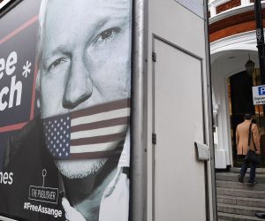 epa07486171 A campaign vehicle for Wikileaks outside the Ecuadorian Embassy in London, Britain, 05 April 2019. Reports state that the Ecuadorian embassy plan to remove Wikileaks founder Julian Assange from the embassy within days. Assange claimed political asylum in the embassy in June 2012 after he was accused of rape and sexual assault against women in Sweden.  EPA/ANDY RAIN