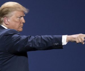 epa07489579 US President Donald J. Trump gestures to the crowd after he delivered a speech during a Republican Jewish Coalition meeting in Las Vegas, Nevada, USA, 06 April 2019.  EPA/ETIENNE LAURENT