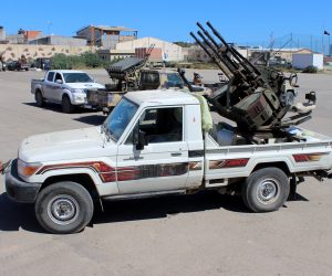 epa07492513 Militants, reportedly from the Misrata militia, gather before heading to the frontline to join forces defending the capital, in Tripoli, Libya, 08 April 2019. Commander of the Libyan National Army (LNA) Khalifa Haftar on 04 April ordered Libyan forces loyal to him to take the capital Tripoli, held by a UN-backed unity government, sparking fears of further escalation in the country. The UN said thousands had fled the fighting in Tripoli, while ministry of health reported 25 people, including civilians, were killed in the fighting.  EPA/STRINGER