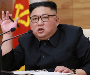 epa07495547 A photo released by the official North Korean Central News Agency (KCNA) shows North Korean leader Kim Jong-un presiding over an enlarged meeting of the Political Bureau of the Central Committee of the Workers' Party of Korea (WPK), at the office building of the Central Committee of the WPK in Pyongyang, North Korea, 09 April 2019 (issued 10 April 2019).  EPA/KCNA   EDITORIAL USE ONLY