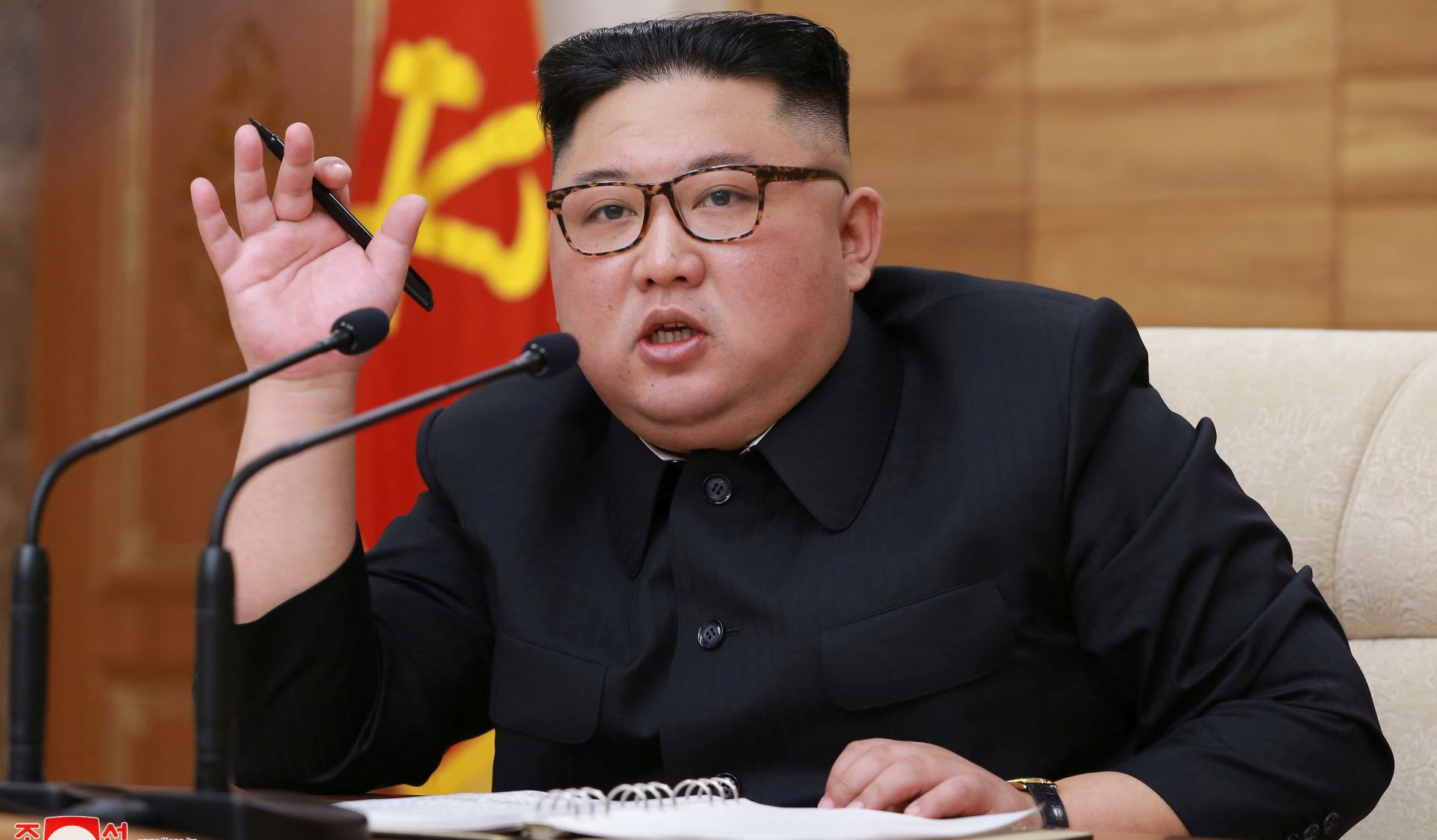 epa07495547 A photo released by the official North Korean Central News Agency (KCNA) shows North Korean leader Kim Jong-un presiding over an enlarged meeting of the Political Bureau of the Central Committee of the Workers' Party of Korea (WPK), at the office building of the Central Committee of the WPK in Pyongyang, North Korea, 09 April 2019 (issued 10 April 2019).  EPA/KCNA   EDITORIAL USE ONLY