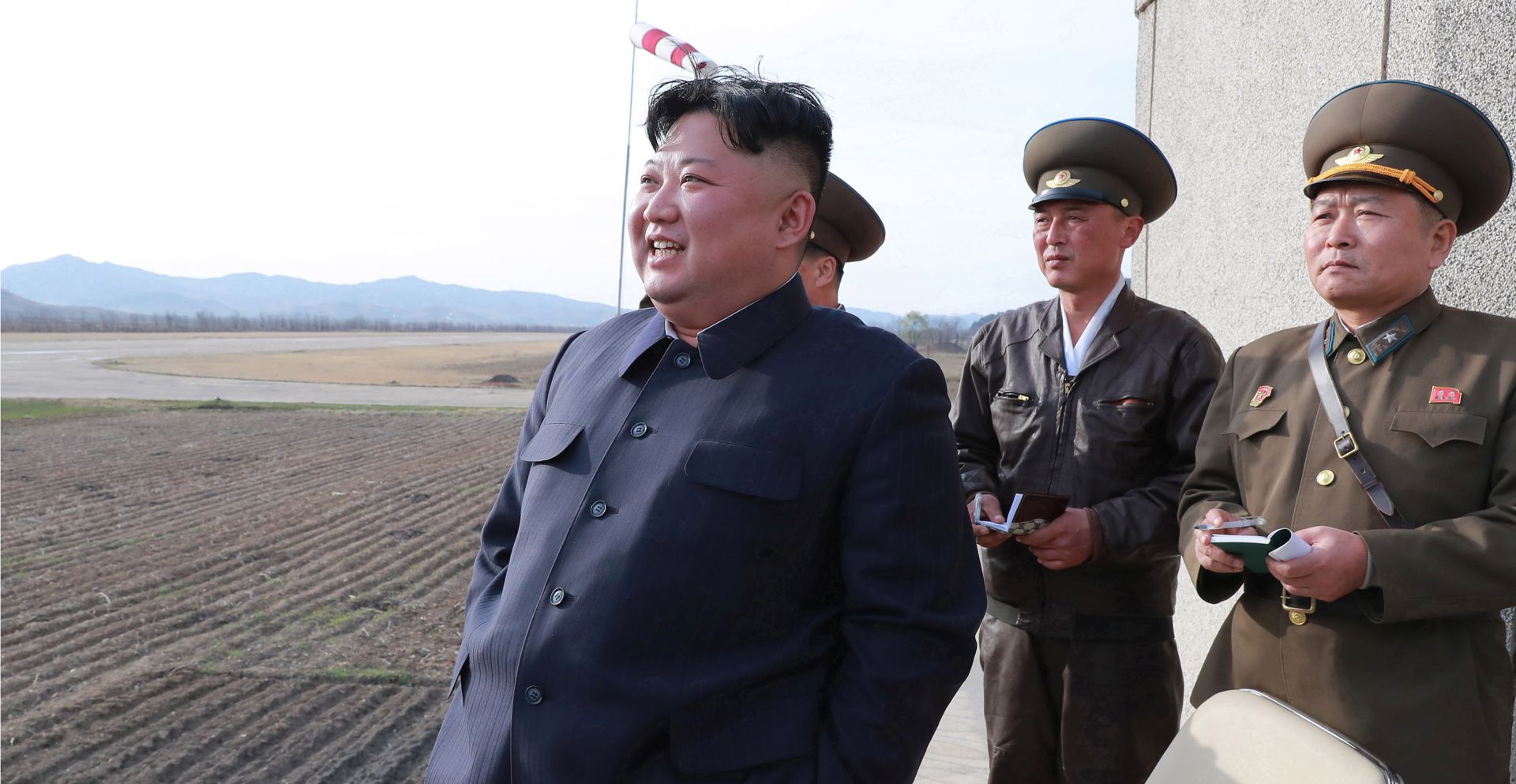 epa07511063 A photo released by the official North Korean Central News Agency (KCNA) shows Kim Jong-un (L), chairman of the Workers' Party of Korea, chairman of the State Affairs Commission of the Democratic People's Republic of Korea and supreme commander of the Armed Forces of the Democratic People's Republic of Korea, guided the flight drill of the combat pilots of Unit 1017 of the Air and Anti-aircraft Force of the Korean People's Army, in Pyongyang, North Korea, 16 April 2019 (issued 17 April 2019).  EPA/KCNA   EDITORIAL USE ONLY