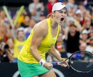 epa07518676 Ashleigh Barty of Australia celebrates her win against Aryna Sabalenka of Belarus during the Fed Cup tennis tournament World Group semifinal between Australia and Belarus at Pat Rafter Arena in Brisbane, Australia, 21 April 2019.  EPA/GLENN HUNT  AUSTRALIA AND NEW ZEALAND OUT