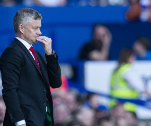 epa07519836 Manchester United manager Ole Gunnar Solskjaer reacts during the English Premier League soccer match between Everton and Manchester United held at Goodison Park in Liverpool, Britain, 21 April 2019.  EPA/PETER POWELL EDITORIAL USE ONLY. No use with unauthorized audio, video, data, fixture lists, club/league logos or 'live' services. Online in-match use limited to 120 images, no video emulation. No use in betting, games or single club/league/player publications