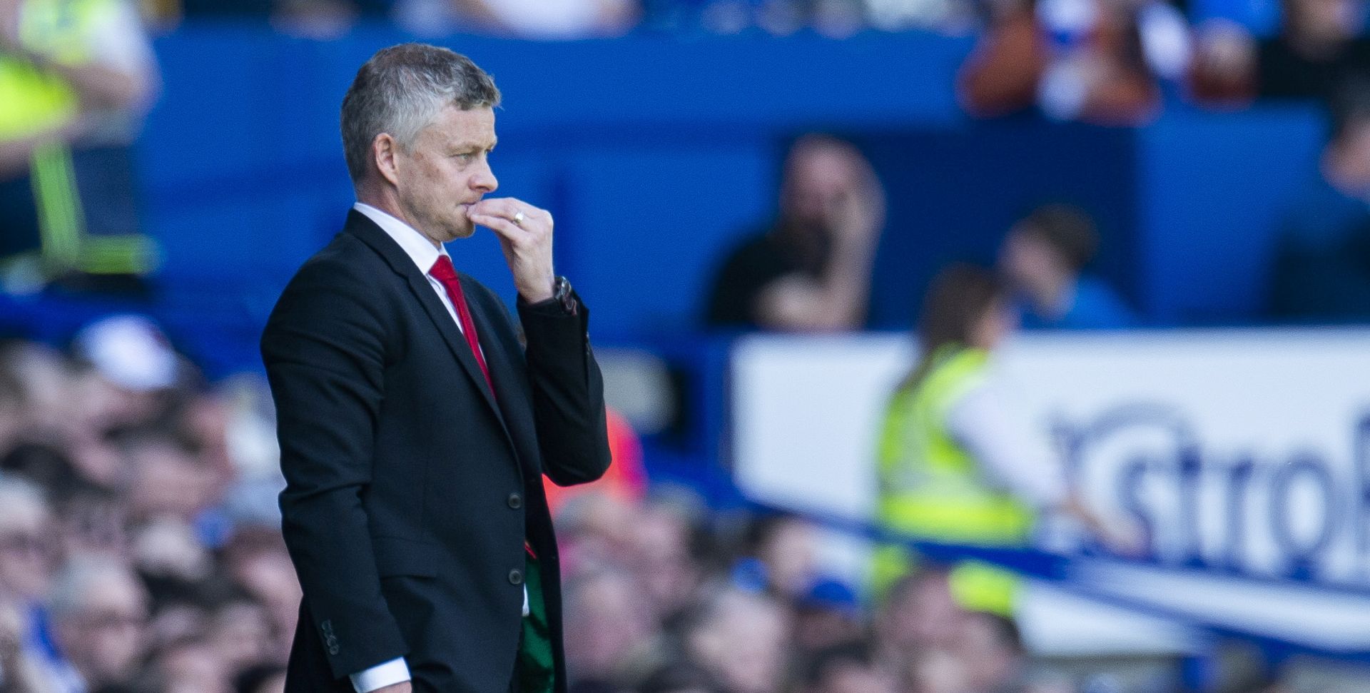 epa07519836 Manchester United manager Ole Gunnar Solskjaer reacts during the English Premier League soccer match between Everton and Manchester United held at Goodison Park in Liverpool, Britain, 21 April 2019.  EPA/PETER POWELL EDITORIAL USE ONLY. No use with unauthorized audio, video, data, fixture lists, club/league logos or 'live' services. Online in-match use limited to 120 images, no video emulation. No use in betting, games or single club/league/player publications