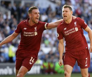 epa07520266 Liverpool's James Milner (R) celebrates after scoring against Cardiff during their English Premier League game at Cardiff City Stadium, Cardiff, Britain, 21 April 2019.  EPA/WILL OLIVER EDITORIAL USE ONLY. No use with unauthorized audio, video, data, fixture lists, club/league logos or 'live' services. Online in-match use limited to 120 images, no video emulation. No use in betting, games or single club/league/player publications