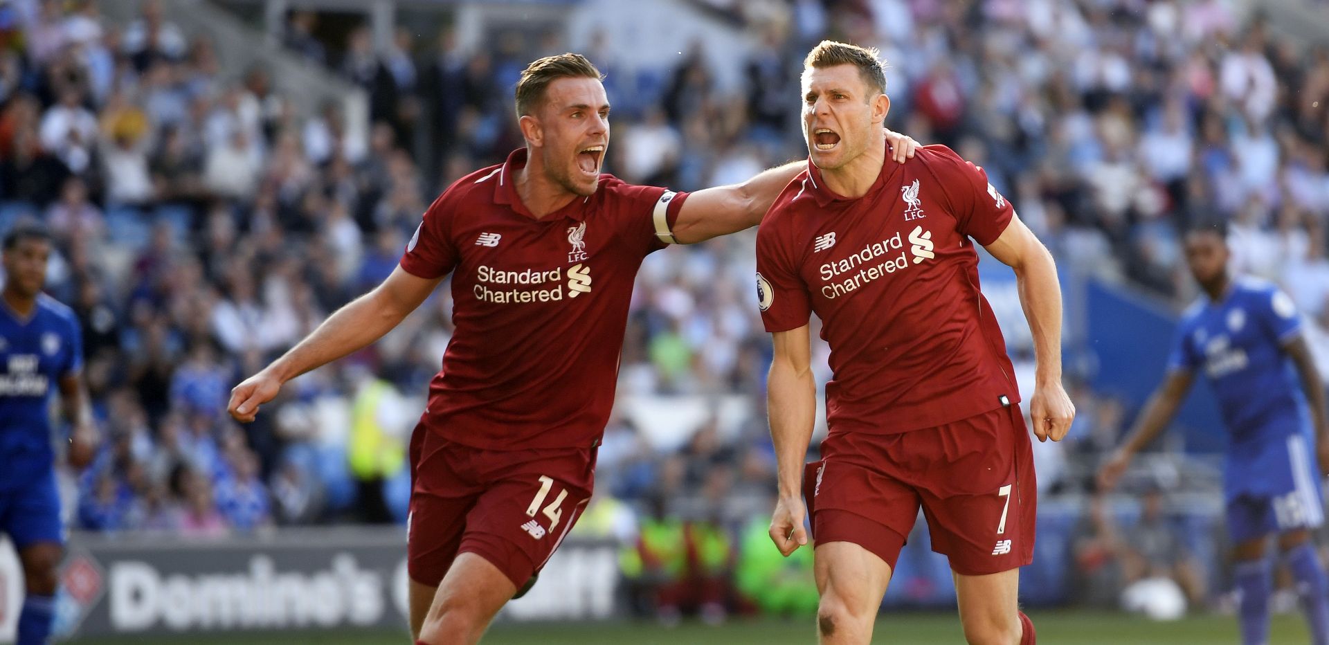 epa07520266 Liverpool's James Milner (R) celebrates after scoring against Cardiff during their English Premier League game at Cardiff City Stadium, Cardiff, Britain, 21 April 2019.  EPA/WILL OLIVER EDITORIAL USE ONLY. No use with unauthorized audio, video, data, fixture lists, club/league logos or 'live' services. Online in-match use limited to 120 images, no video emulation. No use in betting, games or single club/league/player publications