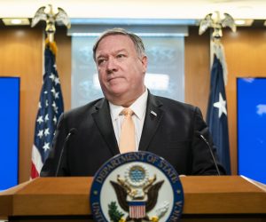 epa07521375 US Secretary of State Mike Pompeo announces the State Department will not renew sanction waivers for countries importing Iranian oil at the State Department in Washington, DC, USA, 22 April 2019. The increased pressure on Iran comes nearly one year after the Trump administration withdrew from the Iran Nuclear Deal. Pompeo also spoke briefly on the terrorist bombings in Sri Lanka.  EPA/JIM LO SCALZO