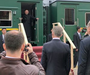 epa07524342 North Korean leader Kim Jong-un (top) is welcomed as he arrives in the Russian border city of Khasan, Russia, 24 April 2019. A summit between North Korean leader Kim Jong-un and Russian President Vladimir Putin is to take place on 25 April 2019 in Vladivostok.  EPA/YONHAP SOUTH KOREA OUT