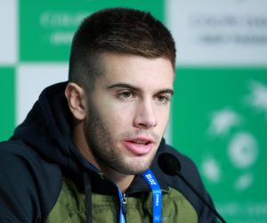 Lille: Konferencija Borne Ćorića nakon pobjede Jeremyja Chardyja 23.11.2018., Lille, Francuska - Na stadionu Pierre-Mauroy odrzano je finale Davis Cupa izmedju Francuske i Hrvatske. Konferencija za medije nakon meca Jeremy Chardy i Borna Coric. Photo: Sanjin Strukic/PIXSELL