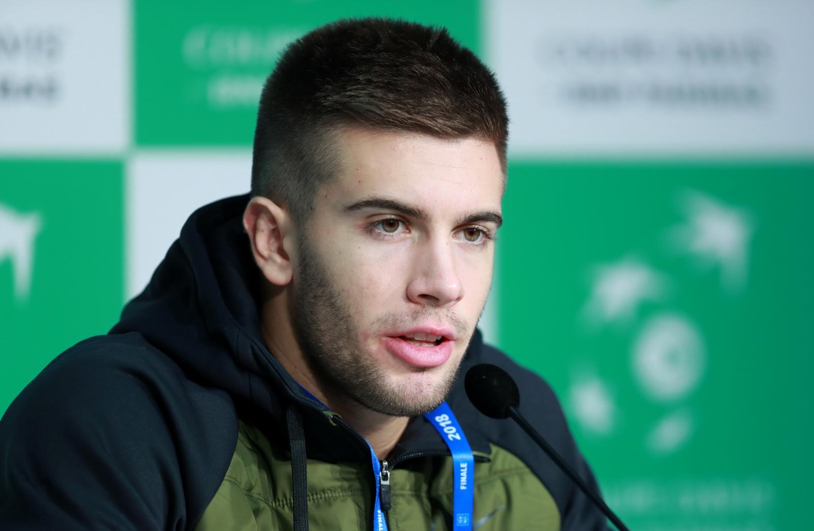 Lille: Konferencija Borne Ćorića nakon pobjede Jeremyja Chardyja 23.11.2018., Lille, Francuska - Na stadionu Pierre-Mauroy odrzano je finale Davis Cupa izmedju Francuske i Hrvatske. Konferencija za medije nakon meca Jeremy Chardy i Borna Coric. Photo: Sanjin Strukic/PIXSELL