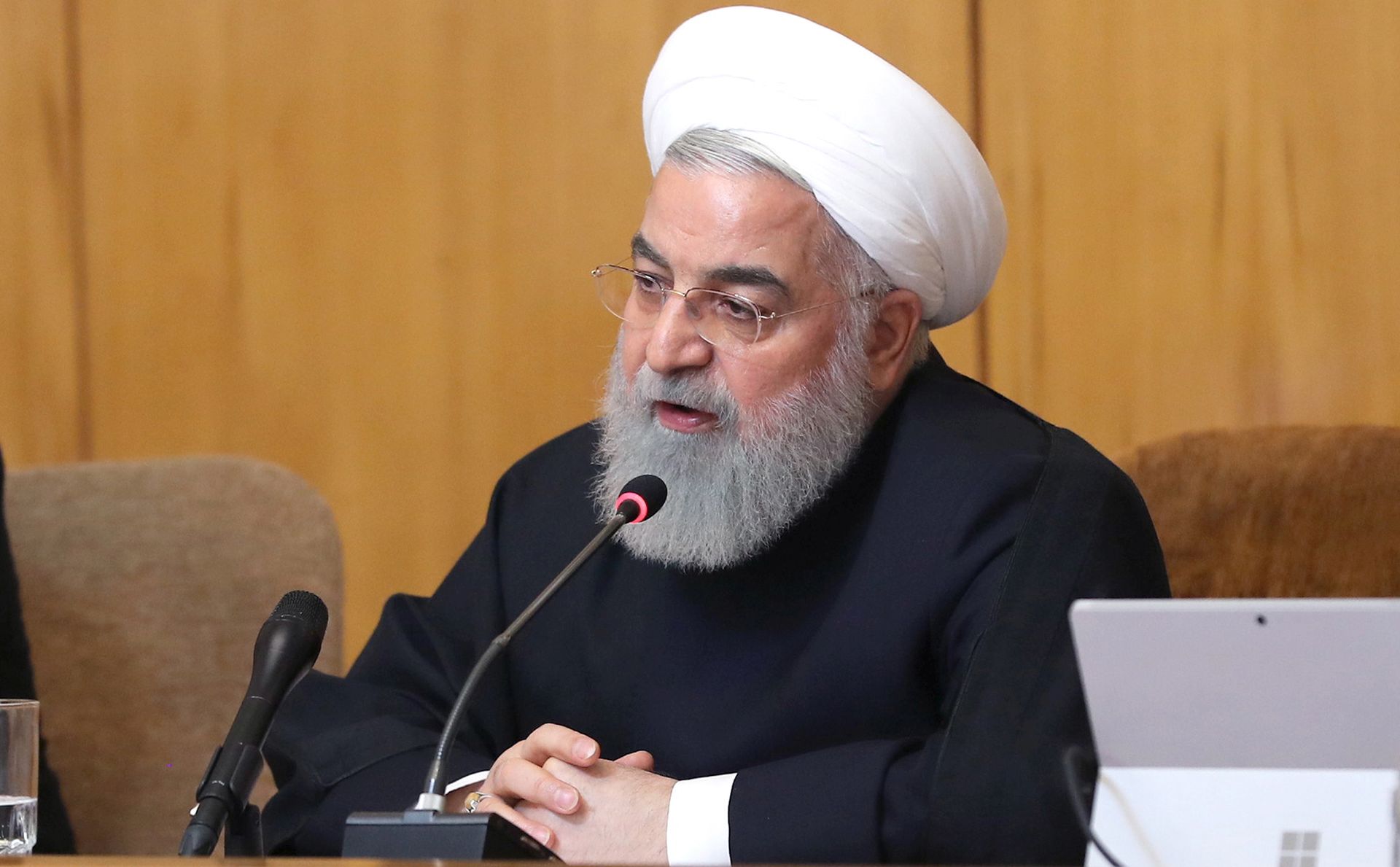 epa07524634 A handout photo made available by the presidential office shows Iranian President Hassan Rouhani attending weekly government meeting in Tehran, Iran, 24 April 2019. US Secretary of State Mike Pompeo said on 22 April the State Department will not renew sanction waivers for countries importing Iranian oil. The increased pressure on Iran comes nearly one year after the Trump administration withdrew from the Iran Nuclear Deal.  EPA/PRESIDENT OFFICE HANDOUT  HANDOUT EDITORIAL USE ONLY/NO SALES