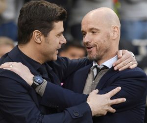 epa07538695 Tottenham Hotspur manager Mauricio Pochettino (L) greets Ajax Amsterdam coach Erik ten Hag (R) ahead of the UEFA Champions League semi-final first leg soccer match between Tottenham Hotspur and Ajax Amsterdam at the Tottenham Hotspur Stadium in London, Britain, 30 April 2019.  EPA/WILL OLIVER