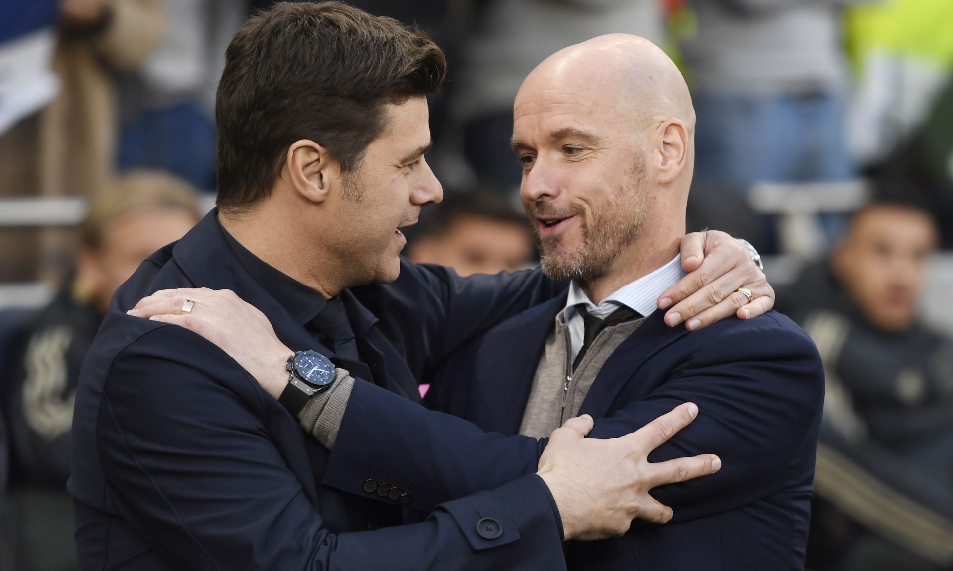 epa07538695 Tottenham Hotspur manager Mauricio Pochettino (L) greets Ajax Amsterdam coach Erik ten Hag (R) ahead of the UEFA Champions League semi-final first leg soccer match between Tottenham Hotspur and Ajax Amsterdam at the Tottenham Hotspur Stadium in London, Britain, 30 April 2019.  EPA/WILL OLIVER