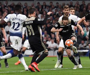 epa07538907 Daley Blind of Ajax Amsterdam makes a clearance during the UEFA Champions League semi final 1st leg match between Tottenham Hotspur and Ajax Amsterdam, London, 30 April 2019.  EPA/NEIL HALL