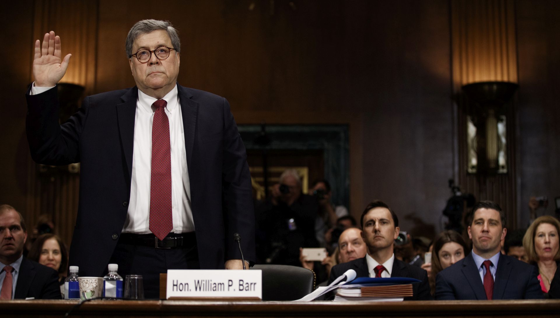 epa07540430 US Attorney General William Barr is sworn in prior to testifying before the Senate Judiciary Committee's hearing on 'The Justice Department's Investigation of Russian Interference with the 2016 Presidential Election' on Capitol Hill in Washington, DC, 01 May 2019.  Attorney General Barr is facing questions from Senators for the first time since the release of special counsel Robert Mueller's Russia report on 18 April 2019.  EPA/SHAWN THEW