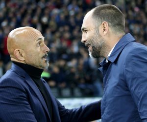 epa07547515 Udinese's coach Igor Tudor (R) greets Inter's coach Luciano Spalletti prior to the Italian Serie A soccer match Udinese Calcio vs FC Inter at the Friuli-Dacia Arena stadium in Udine, Italy, 04 May 2019.  EPA/STEFANO LANCIA
