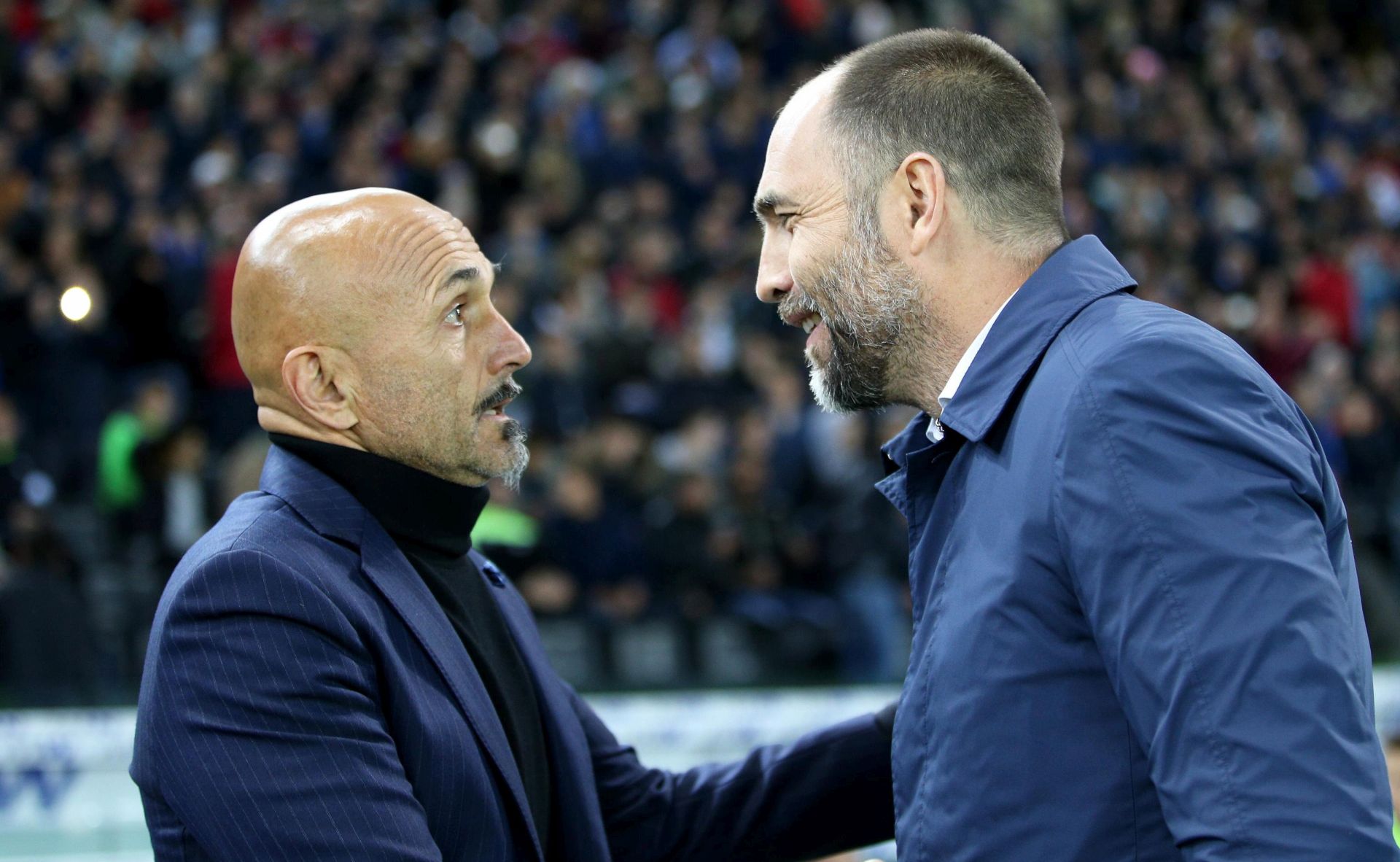 epa07547515 Udinese's coach Igor Tudor (R) greets Inter's coach Luciano Spalletti prior to the Italian Serie A soccer match Udinese Calcio vs FC Inter at the Friuli-Dacia Arena stadium in Udine, Italy, 04 May 2019.  EPA/STEFANO LANCIA
