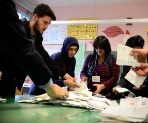 epa07549718 Members of the state election committee count votes after polling stations closed at 7pm local time in Skopje, North Macedonia, 05 May 2019. More than 1.8 million voters were leigible to choose between two candidates for the President of North Macedonia in the second round of elections.  EPA/Nake Batev