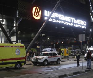 epa07549815 An ambulance vehicle stands in front of Aeroflot's Sheremetyevo airport terminal, after the fire which emerged while the Sukhoi Superjet 100 of Russian airline Aeroflot plane crashlanded was put out at Moscow's Sheremetyevo airport, Russia, 05 May 2019. According to authorities, at least 13 people died after the plane had to make an emergency landing just after take off for the flight to Murmansk.  EPA/SERGEI ILNITSKY