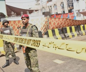 epa07554886 Pakistani security officials inspect the scene of a suicide bomb attack that targeted a Police vehicle outside the Sufi Muslim Data Gunj Buksh shrine in Lahore, Pakistan, 08 May 2019. At least eight people including five police were killed and 25 were injured in the blast near the Data Darbar Sufi shrine, one of the largest in South Asia. Security measures had been heightened at religious sites in the city for the start of the Muslim holy month of Ramadan, which started on Tuesday in Pakistan.  EPA/STRINGER