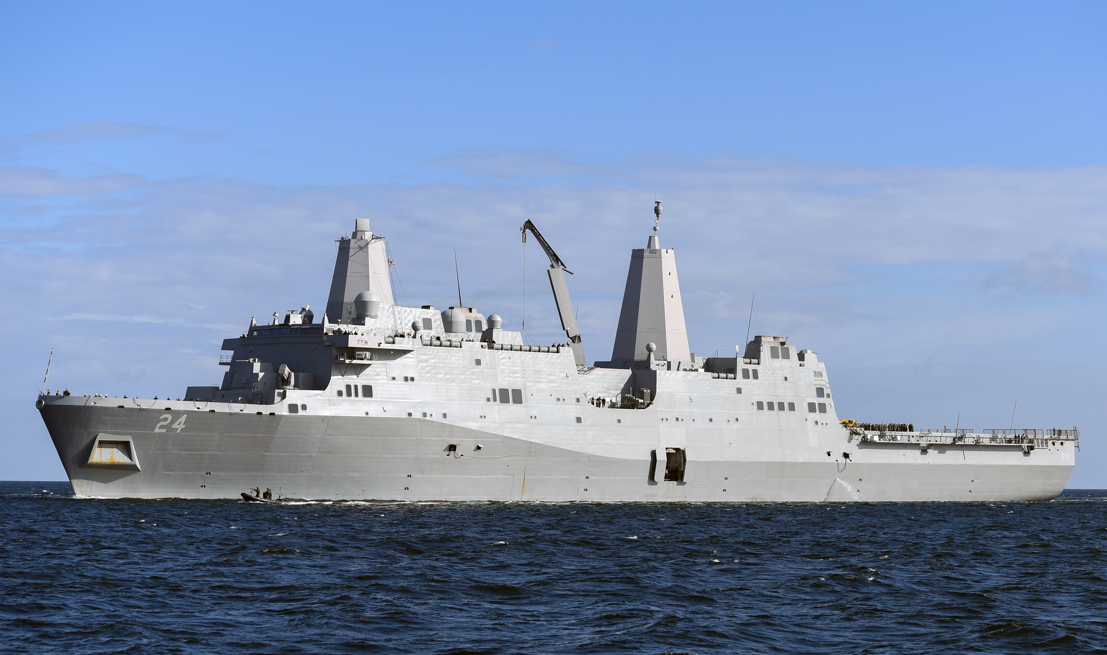 epa07561802 (FILE) - The dock landing ship 'USS Arlington' from the United States of America on its way to join the opening of the Kiel Week, in Kiel, Germany, 16 June 2017 (reissued 11 May 2019). The US sends warship USS Arlington and a Patriot air defence missile system to the Middle East amid escalating tensions with Iran. The USS Arlington, which transports amphibious vehicles and aircraft, will join the USS Abraham Lincoln strike group in the Gulf, according to media reports.  EPA/DAVID HECKER