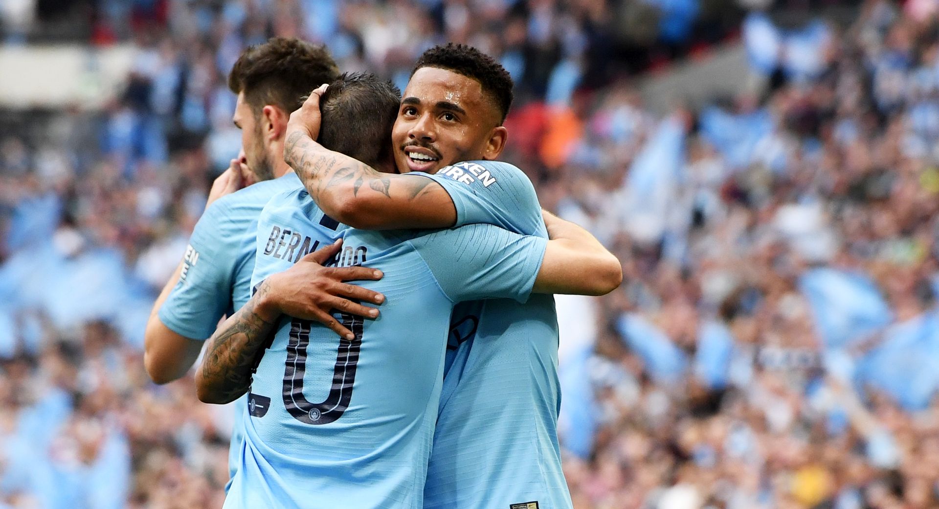 epa07581801 Gabriel Jesus (R facing) of Manchester City celebrates with teammates after scoring the 2-0 during the English FA Cup final between Manchester City and Watford at Wembley Stadium in London, Britain, 18 May 2019.  EPA/FACUNDO ARRIZABALAGA EDITORIAL USE ONLY. No use with unauthorized audio, video, data, fixture lists, club/league logos or 'live' services. Online in-match use limited to 120 images, no video emulation. No use in betting, games or single club/league/player publications