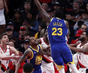 epa07583130 Golden State Warriors forward Draymond Green (2-R) in action during the NBA Western Conference Playoff Finals game three between the Golden State Warriors and the Portland Trail Blazers at the Moda Center in Portland, Oregon, USA, 18 May 2019.  EPA/JOHN G. MABANGLO SHUTTERSTOCK OUT