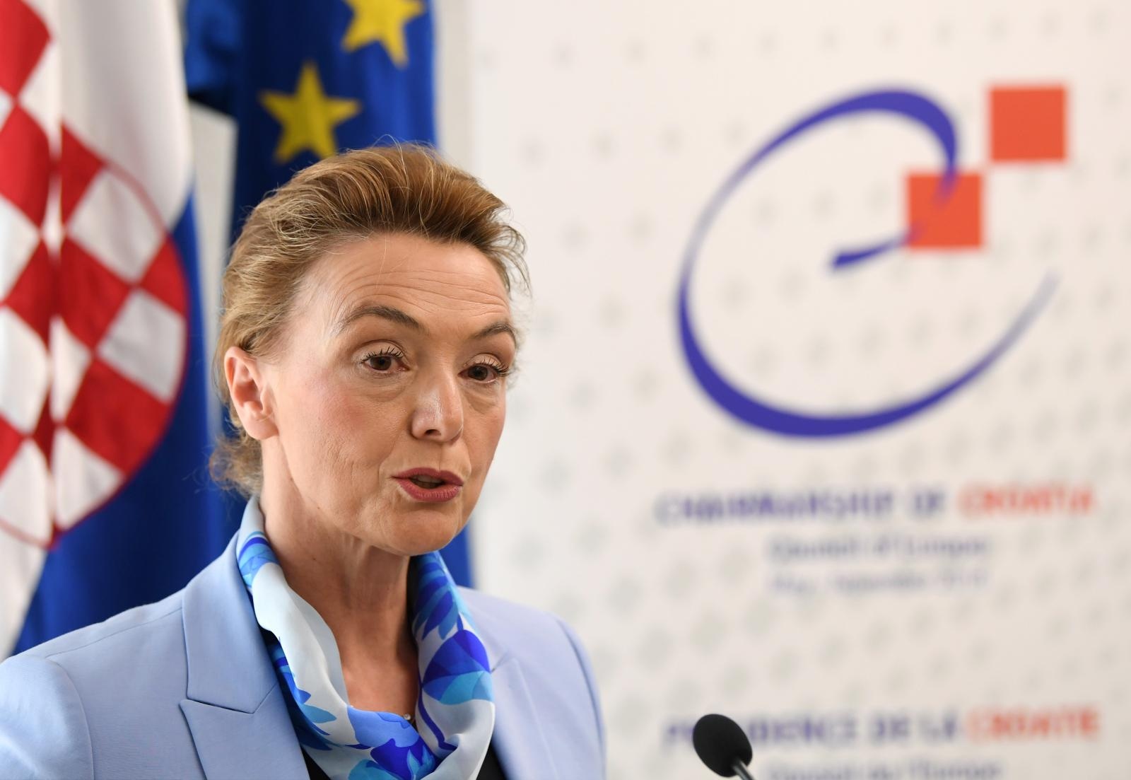 14.05.2018., Zagreb - Potpredsjednica Vlade i ministrica vanjskih i europskih poslova Marija Pejcinovic Buric odrzala je konferenciju za medije na temu Predstavljanje prioriteta i programa predsjedanja Republike Hrvatske Odborom ministara Vijeca Europe. Marija Pejcinovic Buric. 
Photo: Marko Lukunic/PIXSELL