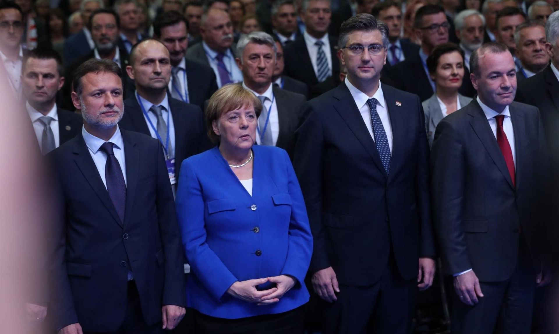 18.05.2019., Kosarkaski centar Drazen Petrovic, Zagreb - Sredisnji predizborni skup Hrvatske demokratske zajednice za izbore za Europski parlament. Gordan Jandrokovic, Angela Merkel, Andrej Plenkovic, Manfred Weber. 
Photo: Robert Anic/PIXSELL