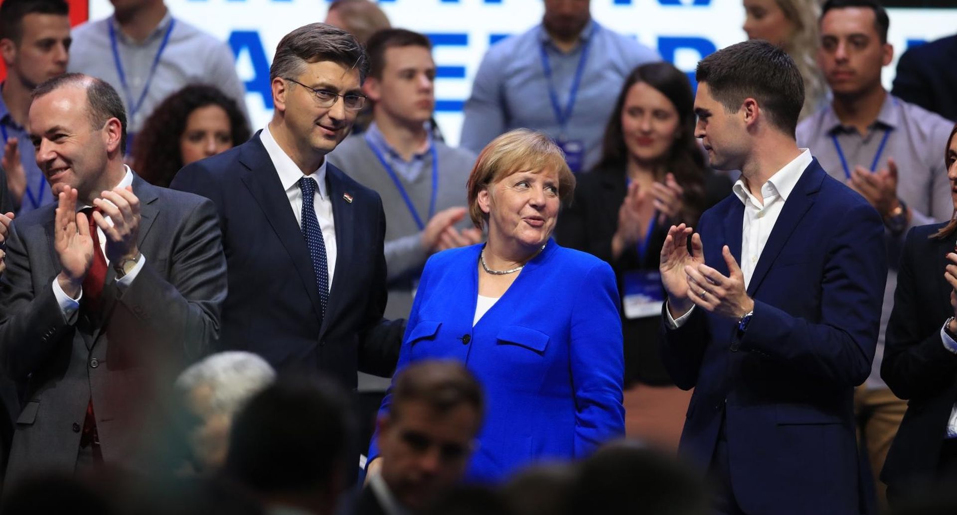 18.05.2019., Kosarkaski centar Drazen Petrovic, Zagreb - Sredisnji predizborni skup Hrvatske demokratske zajednice za izbore za Europski parlament. Andrej Plenkovic, Angela Merkel, Karlo Ressler. 
Photo: Slavko Midzor/PIXSELL