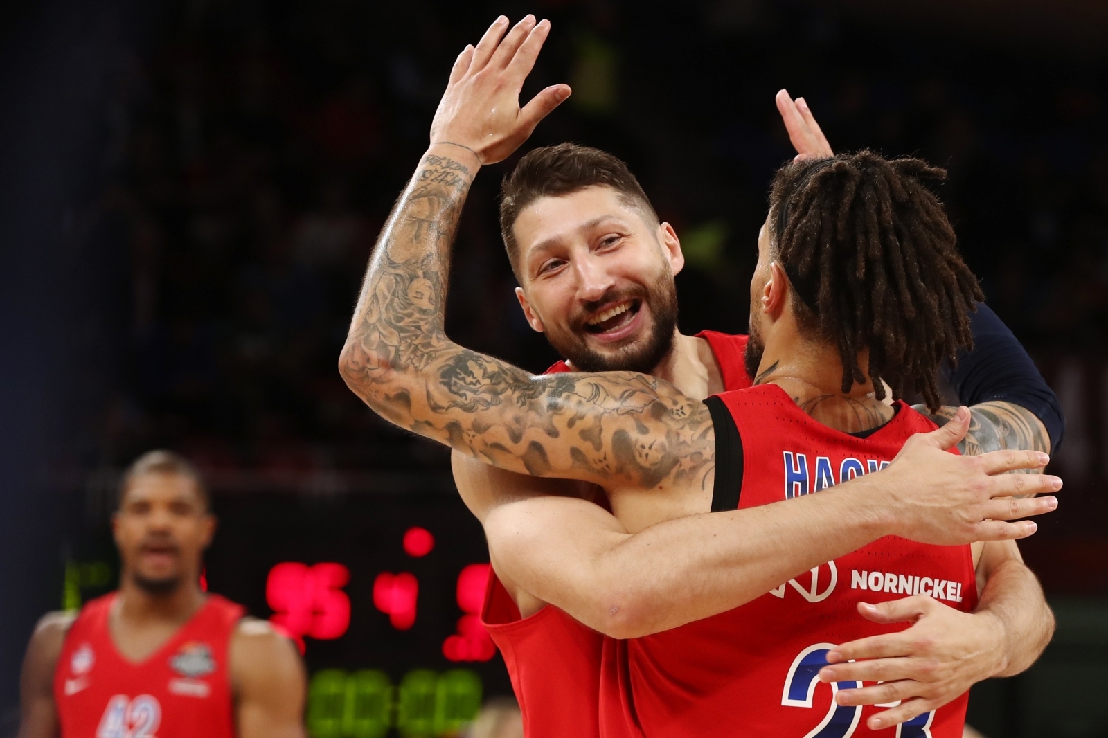 EuroLeague Final Four Semi Final B - CSKA Moscow vs Real Madrid Basketball - EuroLeague Final Four Semi Final B - CSKA Moscow vs Real Madrid - Fernando Buesa Arena, Vitoria-Gasteiz, Spain - May 17, 2019 CSKA Moscow’s Nikita Kurbanov and Daniel Hackett celebrate after the game. REUTERS/Sergio Perez SERGIO PEREZ