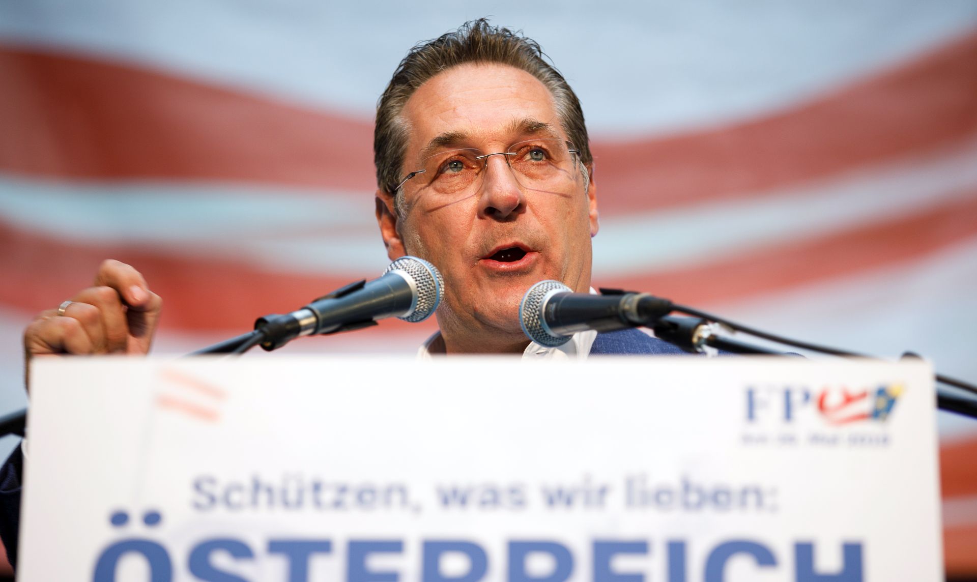 epa07579163 (FILE) - Heinz Christian Strache, Vice Chancellor and Chairman of the Freedom Party of Austria (FPOe), speaks during the kick-off event of the party election campaign for the upcoming European Parliament elections, Vienna, Austria, 26 April 2019 (reissued 17 May 2019). German news-magazine Der Spiegel and newspaper  Sueddeutsche Zeitung have on 17 May 2019 published a secretly recorded video of Strache in Ibiza in July 2017, where Heinz-Christian Strache is claimed to meet an alleged niece of a unknown Russian oligarch who wanted to invest large sums of money in Austria. Der Spiegel and Sueddeutsche Zeitung claim Strache discussed various ways to invest what is claimed to have been some 250 million euro in Austria. Strache and current chairman of the FPOE party faction Johann Gudenus who also took part in the meeting have reportedly both confirmed the meeting took place. The text on placard reads 'Protecting what we love: Austria'.  EPA/FLORIAN WIESER