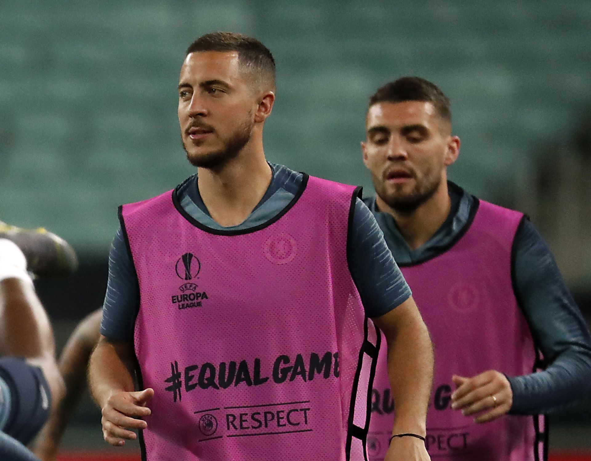 epa07608685 Chelsea's Eden Hazard (L) and Mateo Kovacic attend a training session at the Baku Olympic Stadium, Baku, Azerbaijan, 28 May 2019. Chelsea will play Arsenal in the UEFA Europa League final on 29 May.  EPA/MAXIM SHIPENKOV