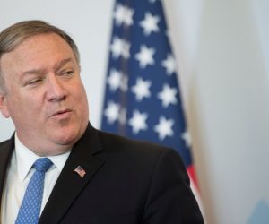 epa07619852 US Secretary of State Mike Pompeo attends a press conference during a meeting with Swiss foreign minister Ignazio Cassis at the Castelgrande in Bellinzona, Switzerland, 02 June 2019. Secretary Pompeo is on an European tour and will visit Germany, Switzerland, the Netherlands and Britain.  EPA/SAMUEL GOLAY