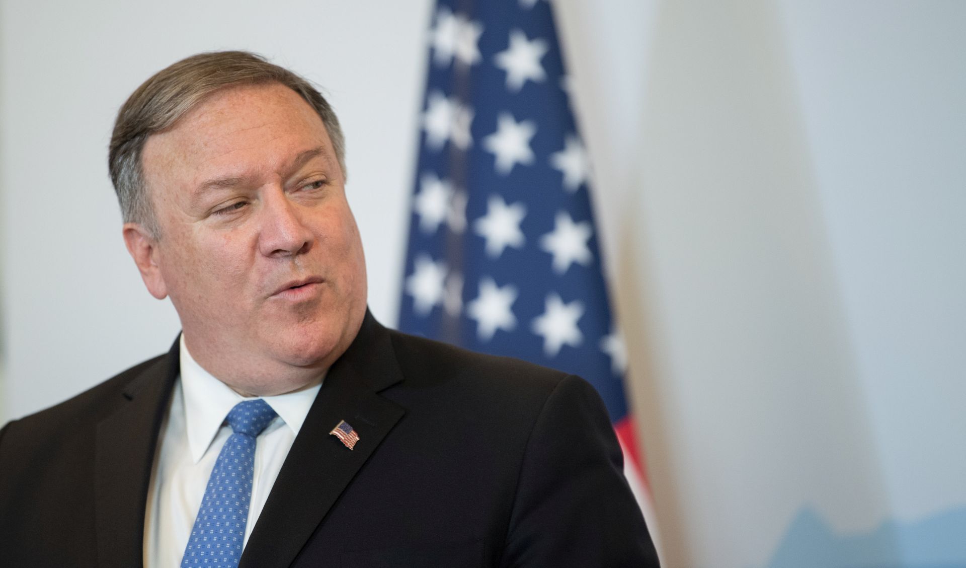 epa07619852 US Secretary of State Mike Pompeo attends a press conference during a meeting with Swiss foreign minister Ignazio Cassis at the Castelgrande in Bellinzona, Switzerland, 02 June 2019. Secretary Pompeo is on an European tour and will visit Germany, Switzerland, the Netherlands and Britain.  EPA/SAMUEL GOLAY