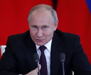 epa07628001 Russian President Vladimir Putin attend a joint news conference with Chinese President Xi Jinping (not pictured)  following their talks at the Krenlin in Moscow, Russia, 05 June 2019. Chinese President is on a state visit in Russia.  EPA/MAXIM SHIPENKOV/POOL