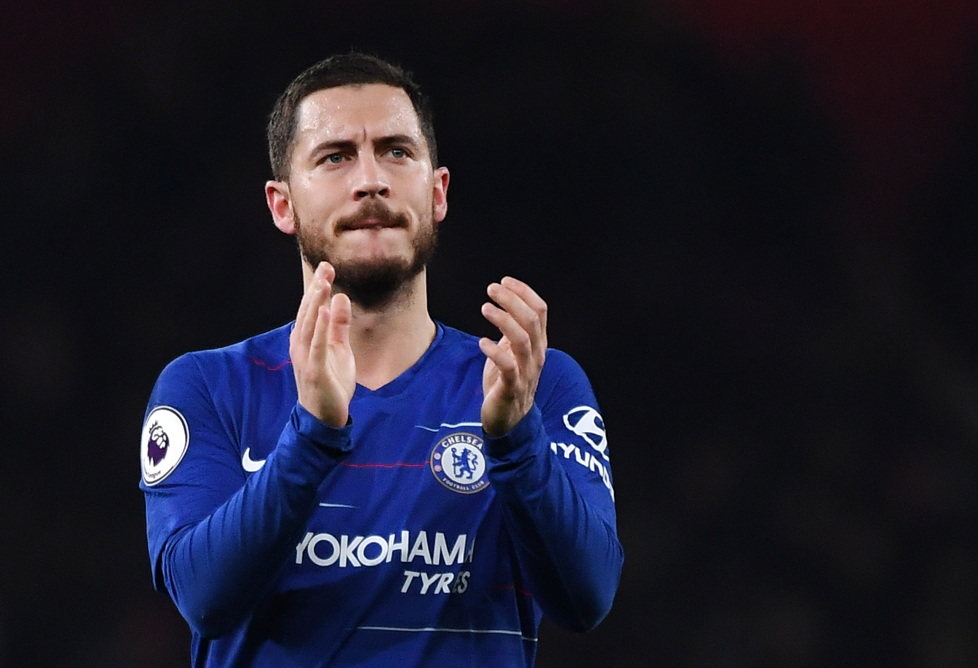 epa07634104 (FILE) - Chelsea's Eden Hazard reacts after the English Premier League soccer match Arsenal vs Chelsea at the Emirates Stadium in London, Britain, 19 January 2019 (reissued on 07 June 2019). Real Madrid announced on 07 June 2019 the signing of Eden Hazard from Chelsea FC. The Belgium's player has signed a contract till the 30th of June 2024.  EPA/ANDY RAIN EDITORIAL USE ONLY. No use with unauthorized audio, video, data, fixture lists, club/league logos or 'live' services. Online in-match use limited to 120 images, no video emulation. No use in betting, games or single club/league/player publications *** Local Caption *** 54914367