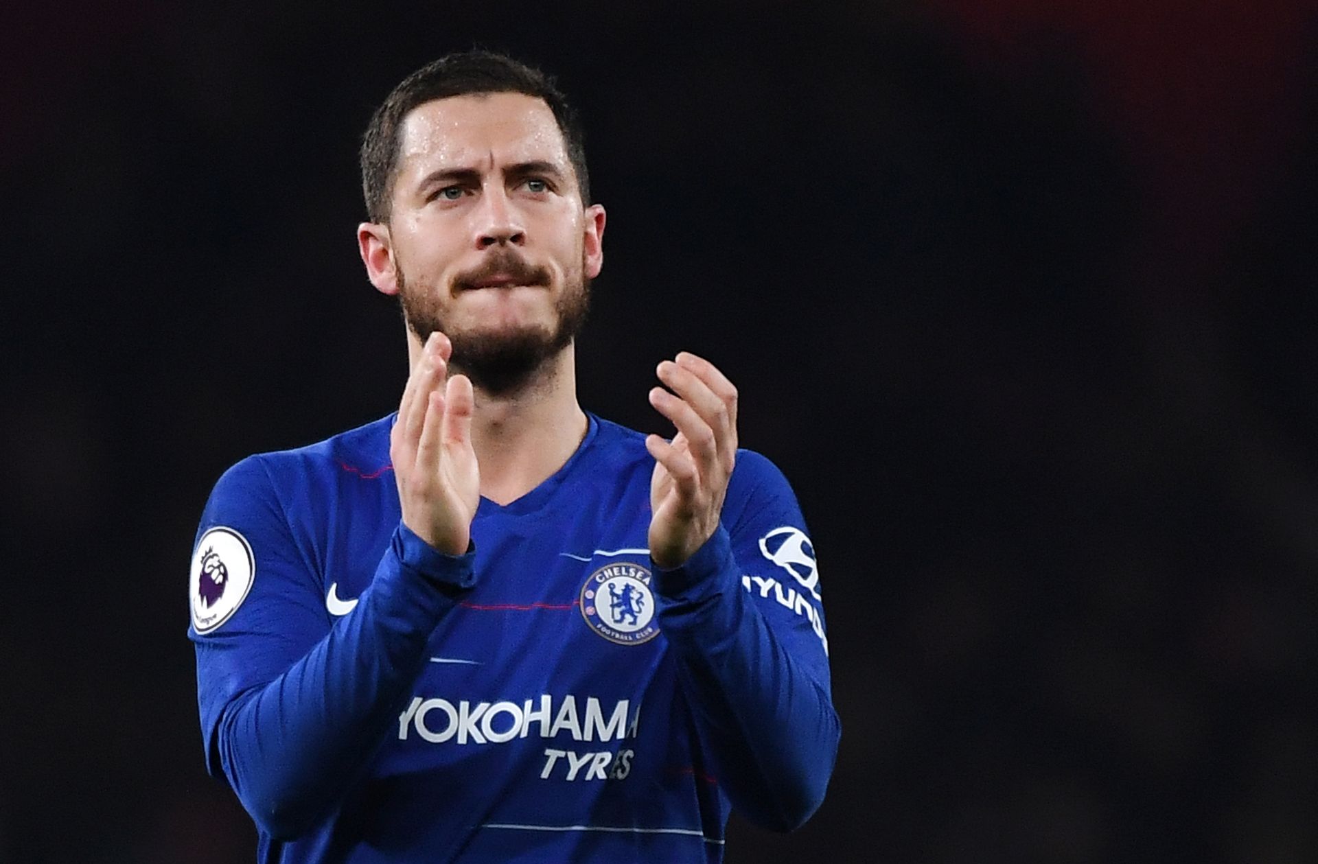 epa07634104 (FILE) - Chelsea's Eden Hazard reacts after the English Premier League soccer match Arsenal vs Chelsea at the Emirates Stadium in London, Britain, 19 January 2019 (reissued on 07 June 2019). Real Madrid announced on 07 June 2019 the signing of Eden Hazard from Chelsea FC. The Belgium's player has signed a contract till the 30th of June 2024.  EPA/ANDY RAIN EDITORIAL USE ONLY. No use with unauthorized audio, video, data, fixture lists, club/league logos or 'live' services. Online in-match use limited to 120 images, no video emulation. No use in betting, games or single club/league/player publications *** Local Caption *** 54914367