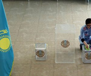 epa07634475 A member of the election commission prepares a polling station for the upcoming presidential elections in the capital city of Nur-Sultan (formerly known as Astana), Kazakhstan, 08 June 2019. President elections will be held in Nur-Sultan on 09 June 2019.  EPA/IGOR KOVALENKO